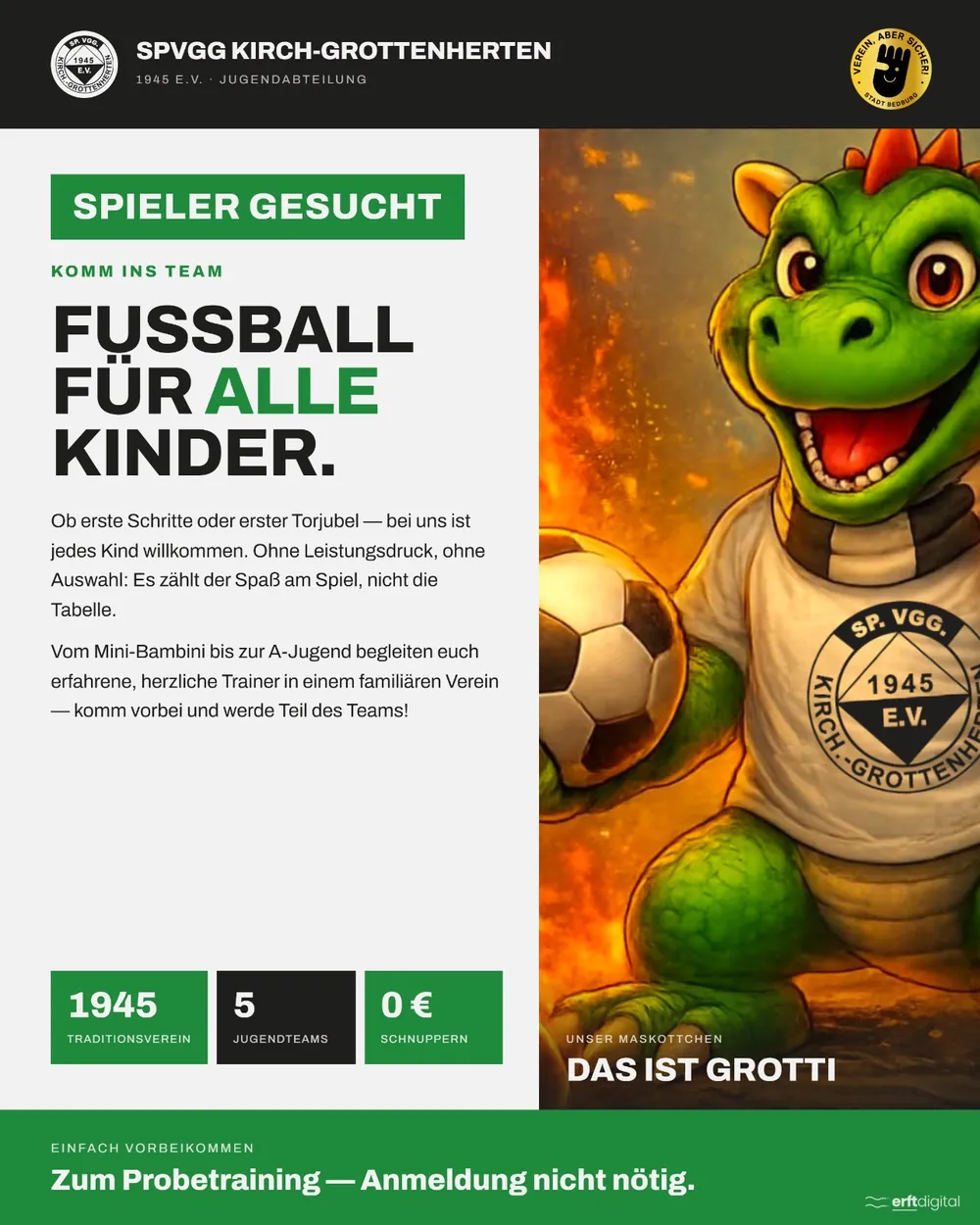 Flyer Seite 1: Spieler gesucht — Fußball für alle Kinder, mit Maskottchen Grotti