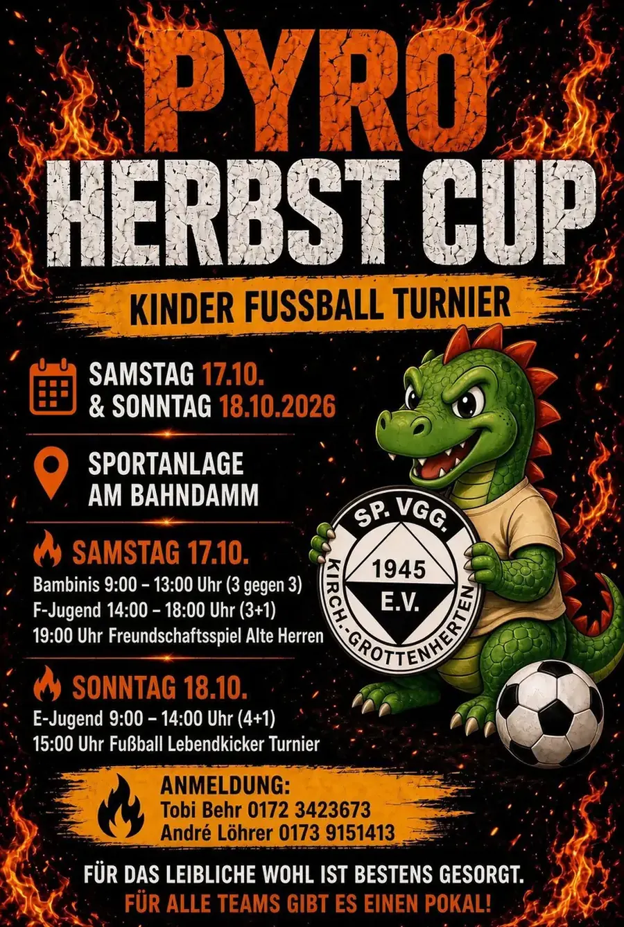 Poster Pyro Herbst Cup: Kinder-Fußballturnier am 17. und 18. Oktober 2026 auf der Sportanlage Am Bahndamm, mit Maskottchen Grotti
