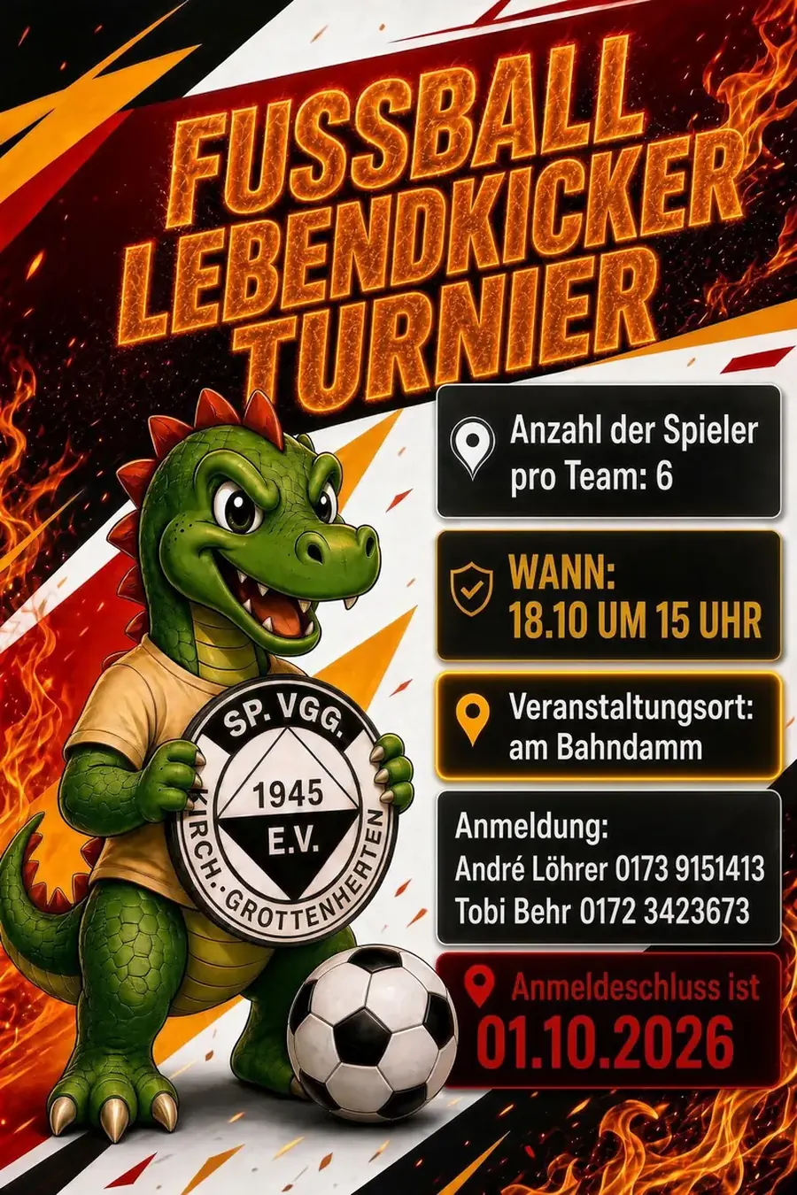 Poster Fußball-Lebendkicker-Turnier am 18. Oktober 2026 um 15 Uhr am Bahndamm, sechs Spieler pro Team, Anmeldeschluss 1. Oktober 2026
